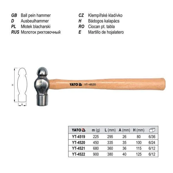 YATO YT-4522 900G BALL PEIN HAMMER - WOODEN HANDLE - Image 2