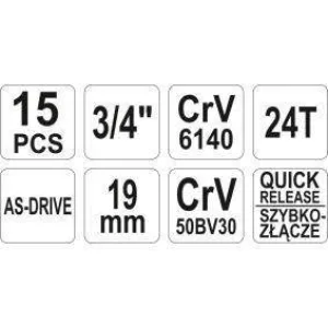 YATO YT-1334 3/4″ DRIVE 15PCS SOCKET SET